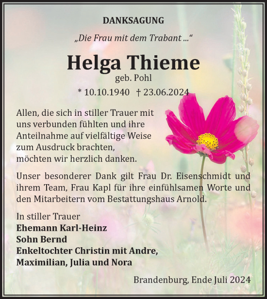 Traueranzeige von Helga Thieme von Märkische Oderzeitung