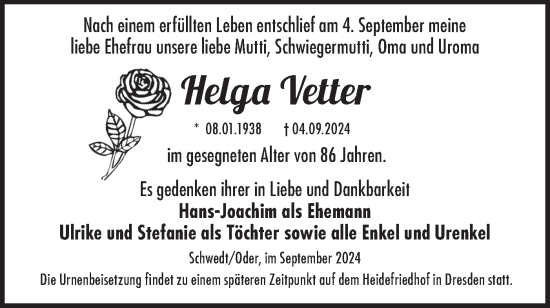 Traueranzeige von Helga Vetter von Märkische Oderzeitung