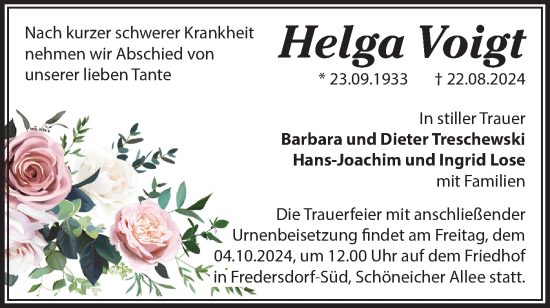 Traueranzeige von Helga Voigt von Märkische Oderzeitung