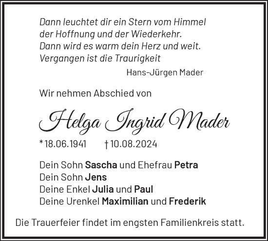 Traueranzeige von Helga Ingrid Mader von Märkische Oderzeitung