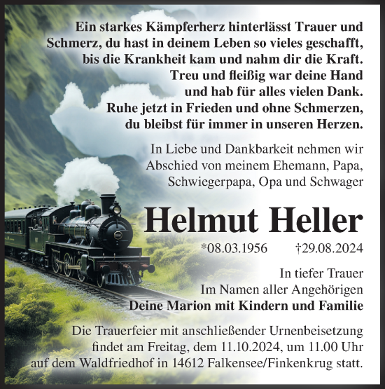 Traueranzeige von Helmut Heller von Märkische Oderzeitung