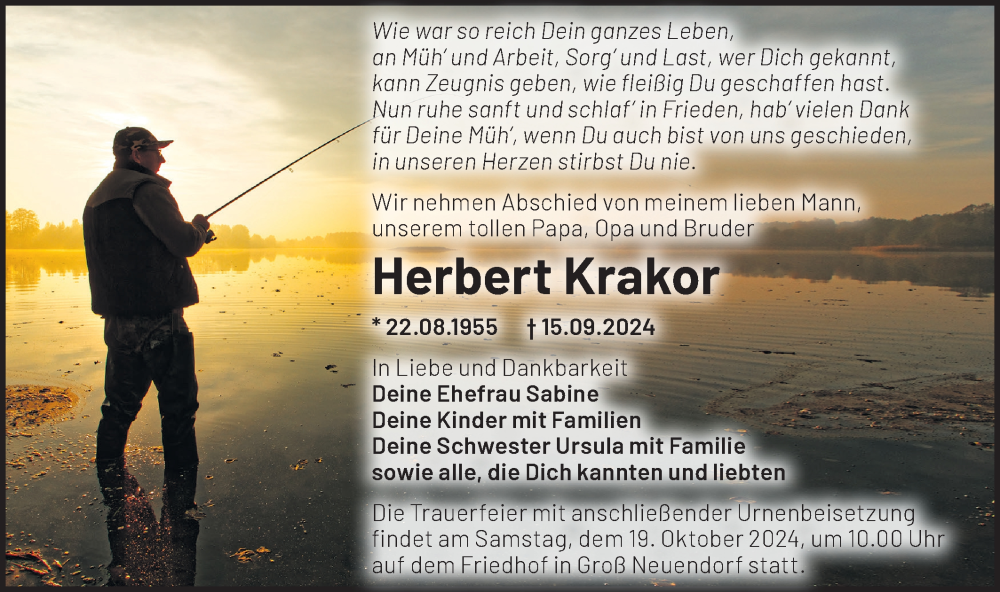  Traueranzeige für Herbert Krakor vom 28.09.2024 aus Märkische Oderzeitung