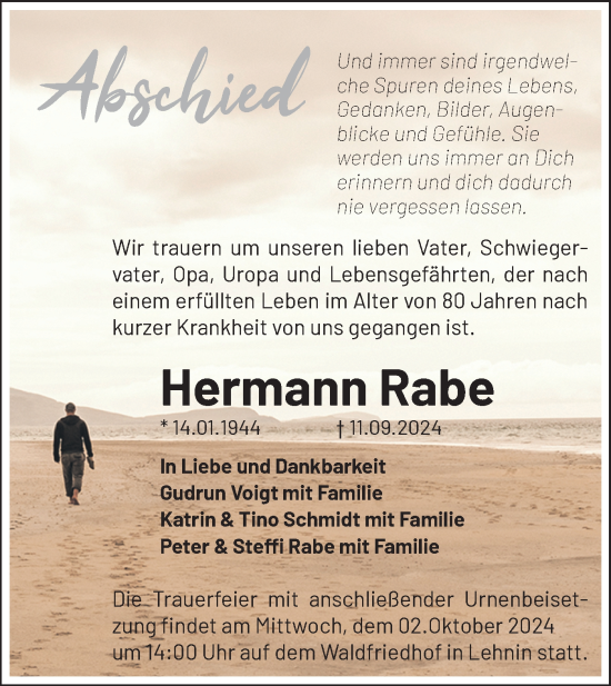 Traueranzeige von Hermann Rabe von Märkische Oderzeitung