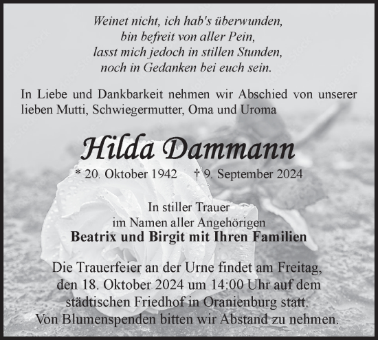 Traueranzeige von Hilda Dammann von Märkische Oderzeitung