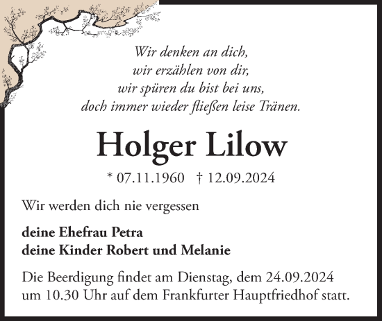 Traueranzeige von Holger Lilow von Märkische Oderzeitung