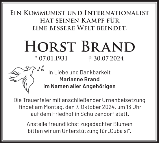 Traueranzeige von Horst Brand von Märkische Oderzeitung