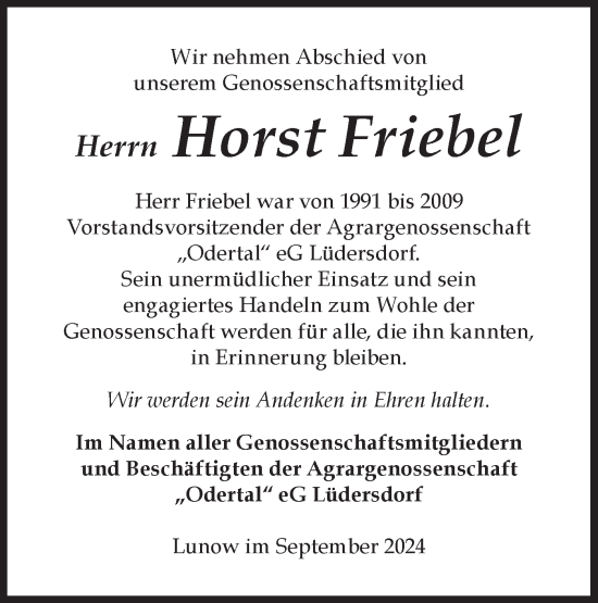 Traueranzeige von Horst Friebel von Märkische Oderzeitung