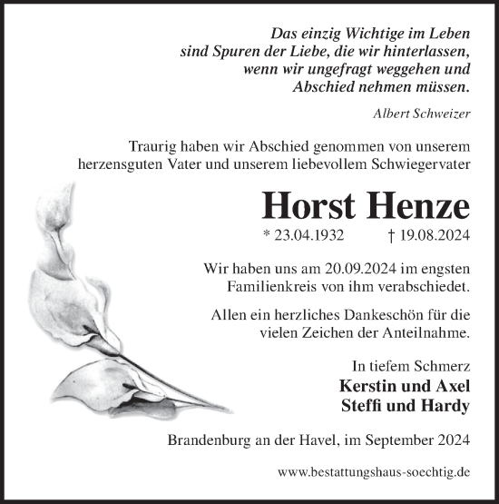 Traueranzeige von Horst Henze von Märkische Oderzeitung