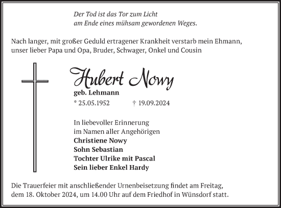 Traueranzeige von Hubert Nowy von Märkische Oderzeitung