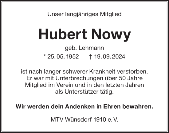 Traueranzeige von Hubert Nowy von Märkische Oderzeitung