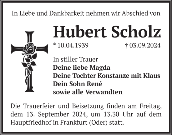 Traueranzeige von Hubert Scholz von Märkische Oderzeitung