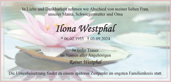 Traueranzeige von Ilona Westphal von Märkische Oderzeitung