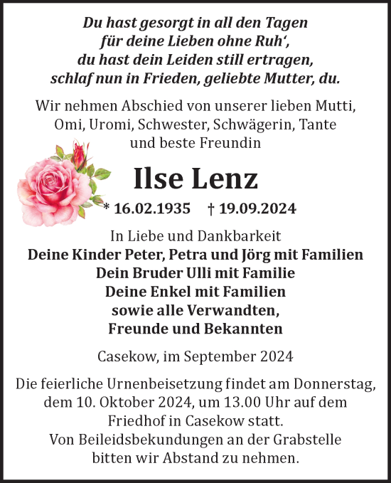 Traueranzeige von Ilse Lenz von Märkische Oderzeitung