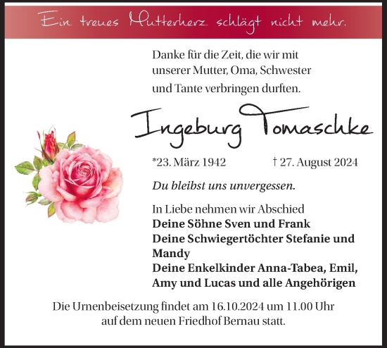 Traueranzeige von Ingeburg Tomaschke von Märkische Oderzeitung