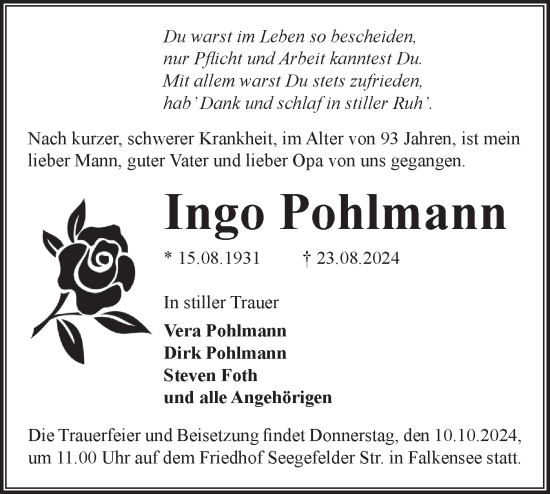 Traueranzeige von Ingo Pohlmann von Märkische Oderzeitung