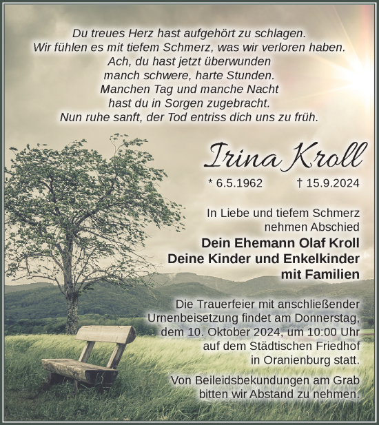 Traueranzeige von Irina Kroll von Märkische Oderzeitung