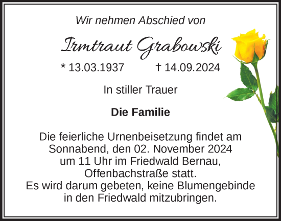 Traueranzeige von Irmtraut Grabowski von Märkische Oderzeitung