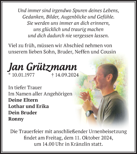 Traueranzeige von Jan Grützmann von Märkische Oderzeitung