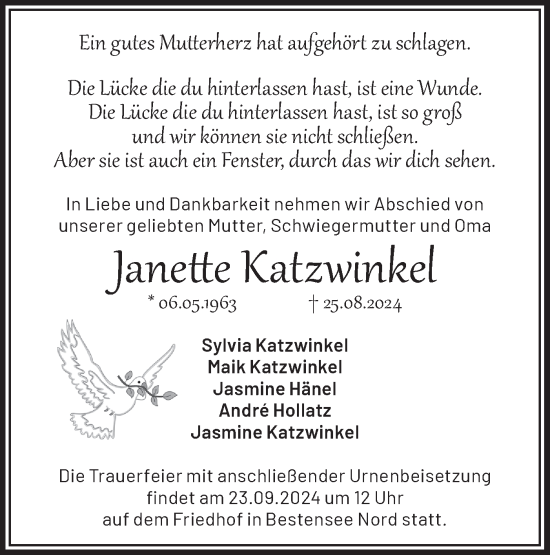 Traueranzeige von Janette Katzwinkel von Märkische Oderzeitung