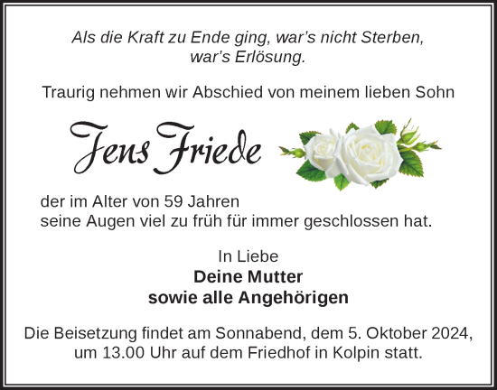 Traueranzeige von Jens Friede von Märkische Oderzeitung