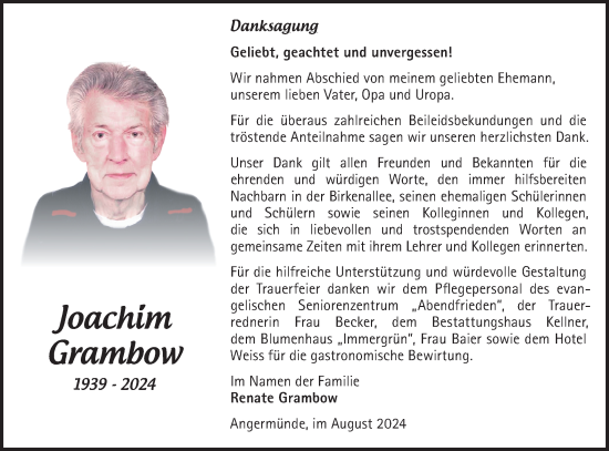 Traueranzeige von Joachim Grambow von Märkische Oderzeitung