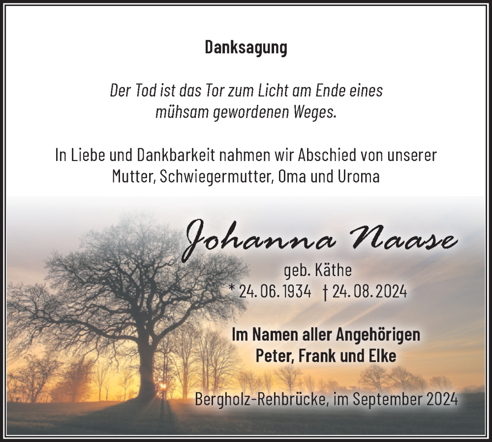  Traueranzeige für Johanna Naase vom 21.09.2024 aus Märkische Oderzeitung