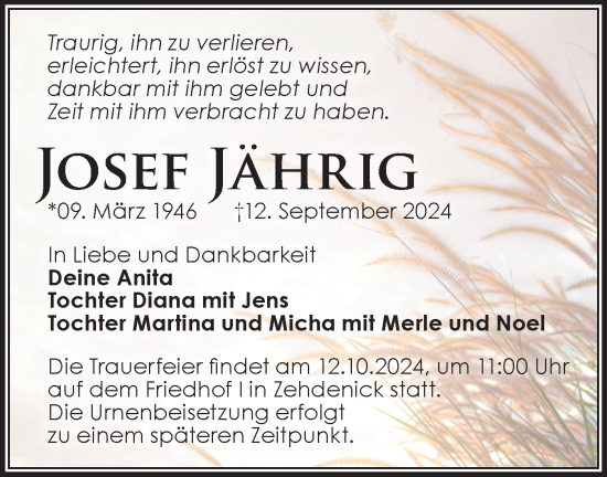 Traueranzeige von Josef Jährig von Märkische Oderzeitung