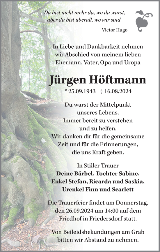 Traueranzeige von Jürgen Höftmann von Märkische Oderzeitung