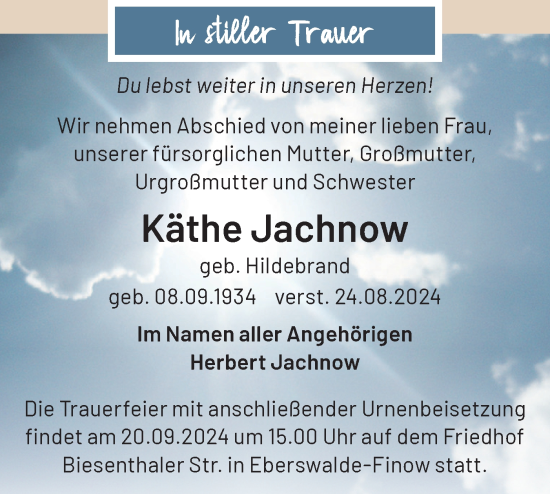 Traueranzeige von Käthe Jachnow von Märkische Oderzeitung