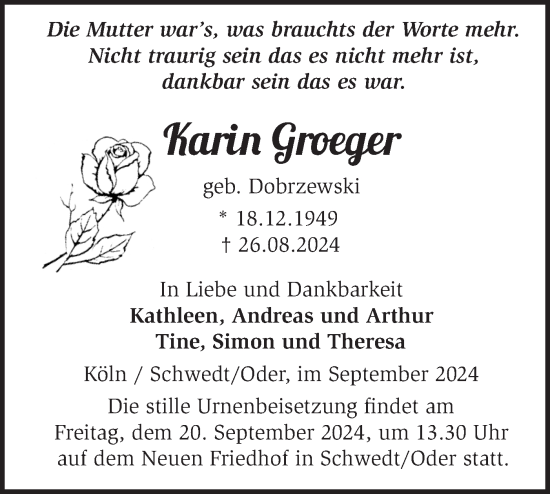 Traueranzeige von Karin Groeger von Märkische Oderzeitung