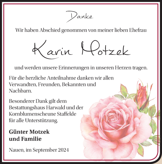 Traueranzeige von Karin Motzek von Märkische Oderzeitung