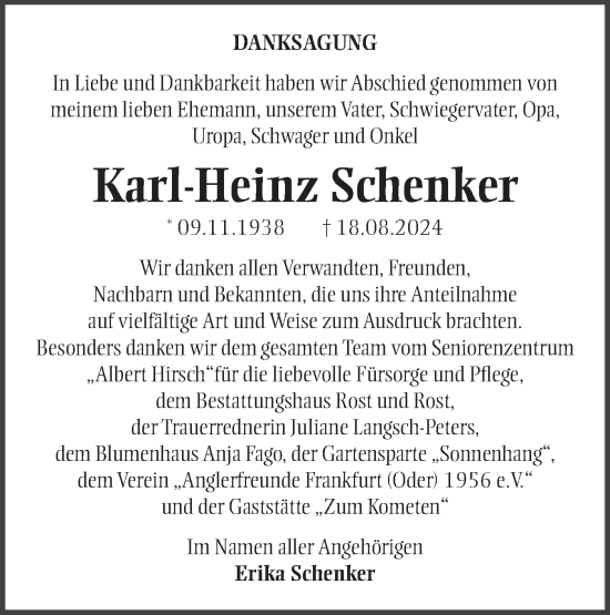 Traueranzeige von Karl-Heinz Schenker von Märkische Oderzeitung