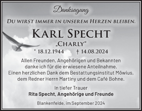 Traueranzeige von Karl Specht von Märkische Oderzeitung