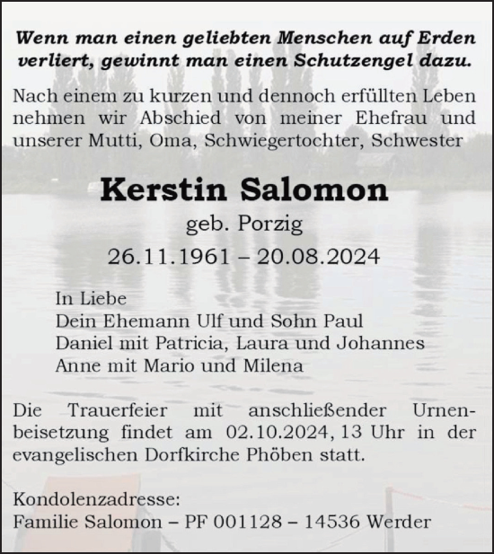 Traueranzeige von Kerstin Salomon von Märkische Oderzeitung