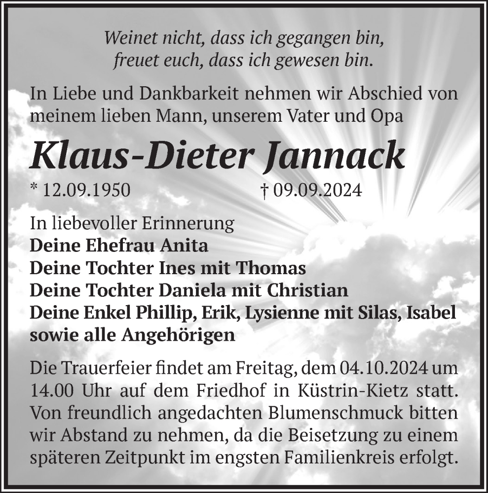  Traueranzeige für Klaus-Dieter Jannack vom 21.09.2024 aus Märkische Oderzeitung