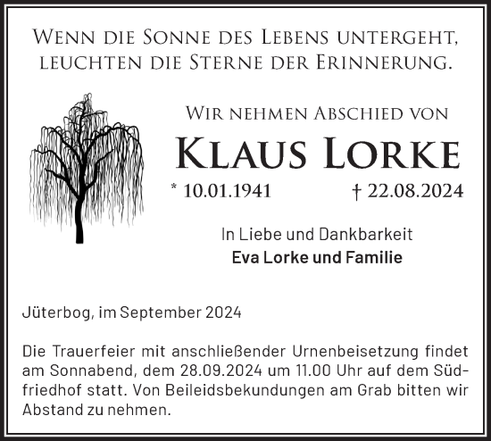 Traueranzeige von Klaus Lorke  von Märkische Oderzeitung