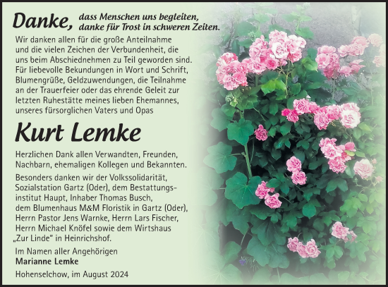 Traueranzeige von Kurt Lemke von Märkische Oderzeitung