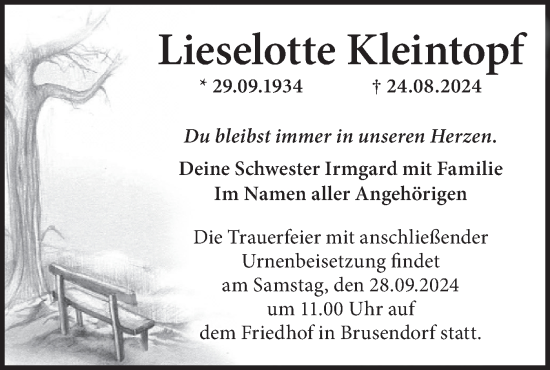 Traueranzeige von Lieselotte Kleintopf von Märkische Oderzeitung