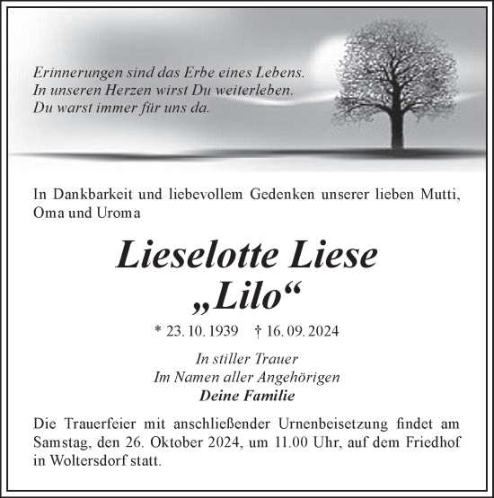 Traueranzeige von Lieselotte Liese von Märkische Oderzeitung