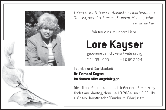 Traueranzeige von Lore Kayser von Märkische Oderzeitung