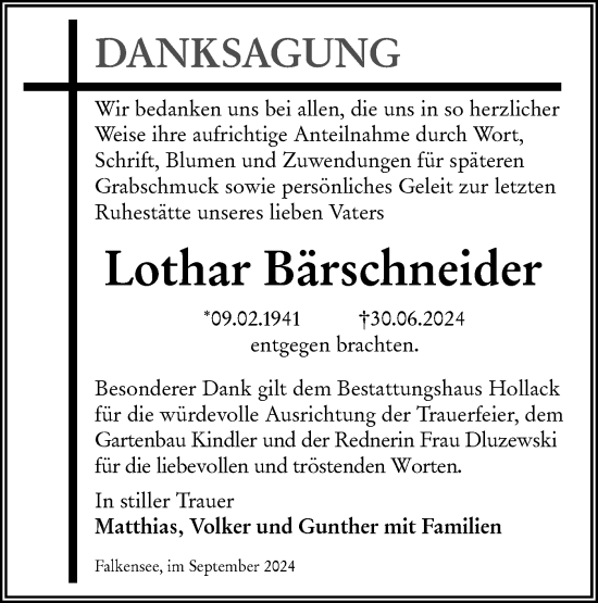 Traueranzeige von Lothar Bärschneider von Märkische Oderzeitung