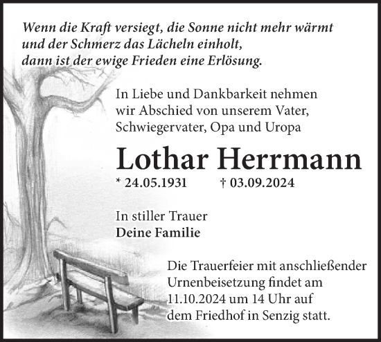 Traueranzeige von Lothar Herrmann von Märkische Oderzeitung