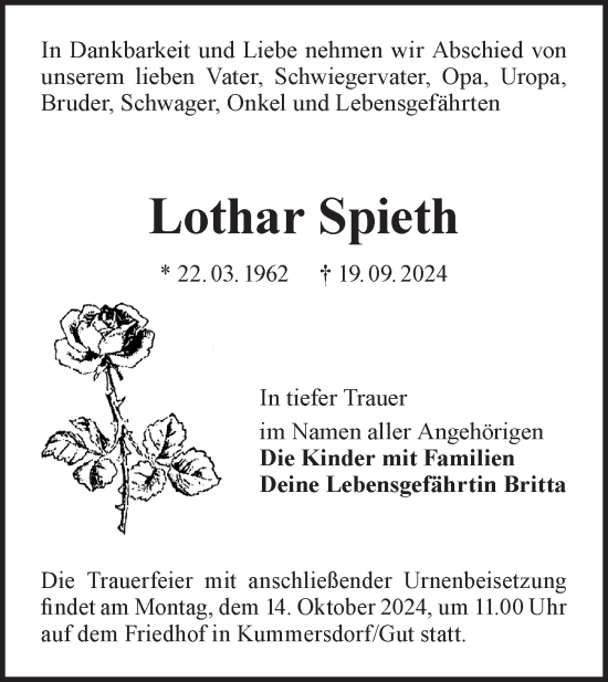 Traueranzeige von Lothar Spieth von Märkische Oderzeitung