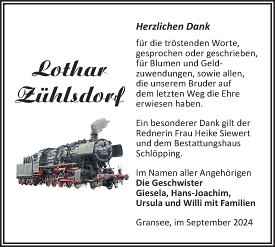 Traueranzeige von Lothar Zühlsdorf von Märkische Oderzeitung