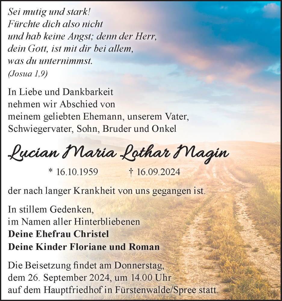  Traueranzeige für Lucian Maria Lothar Magin vom 21.09.2024 aus Märkische Oderzeitung