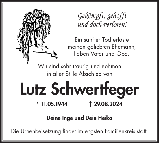 Traueranzeige von Lutz Schwertfeger von Märkische Oderzeitung