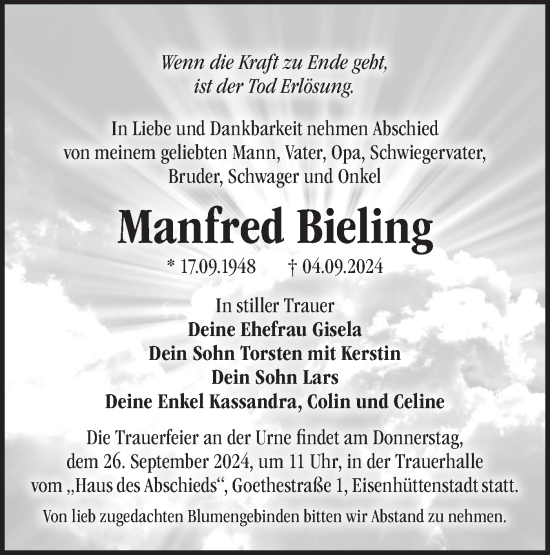 Traueranzeige von Manfred Bieling von Märkische Oderzeitung