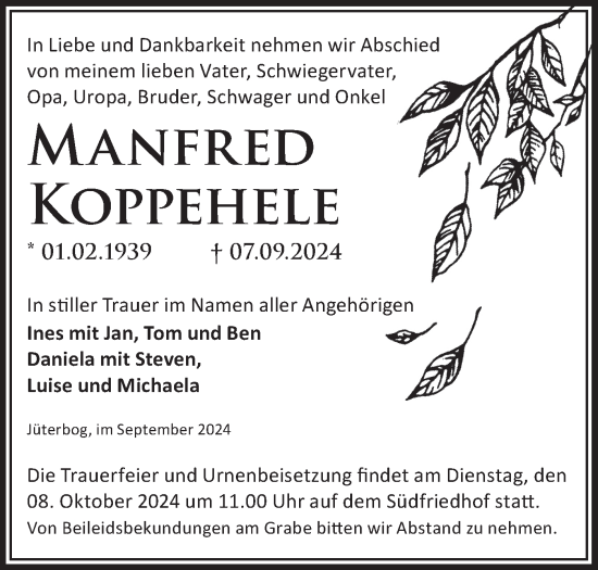 Traueranzeige von Manfred Koppehele von Märkische Oderzeitung