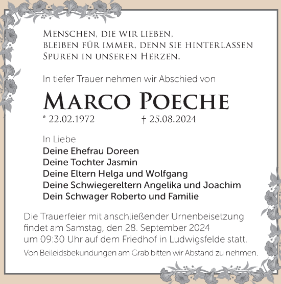 Traueranzeige von Marco Poeche von Märkische Oderzeitung