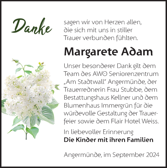 Traueranzeige von Margarete Adam von Märkische Oderzeitung